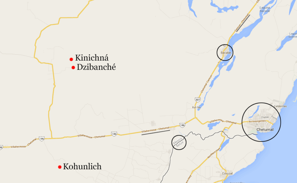 Location map of Dzibanché, Kinichná, and Kohunlich. View on Google Maps.