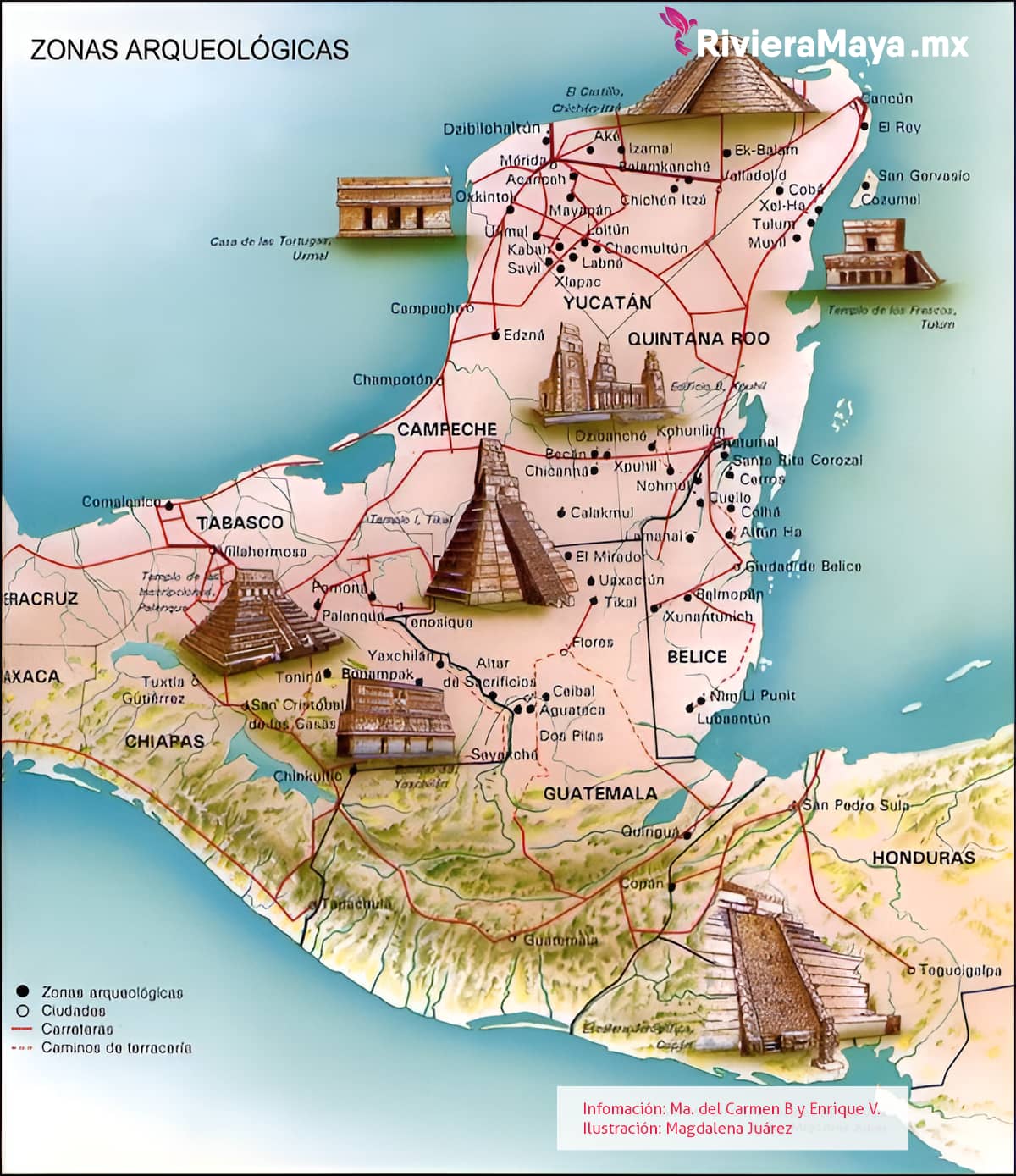 Mapa de ubicación de diversas ruinas mayas.