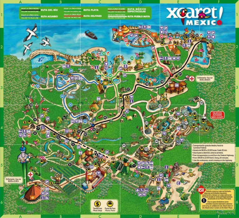 Mapa de Xcaret. Atracciones, rutas y actividades.