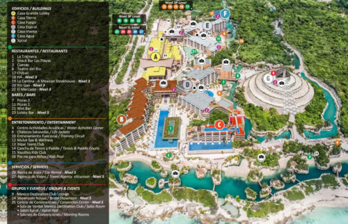 Hotel Xcaret Map with main buildings, restaurants, bars, entertainment and groups & events.
